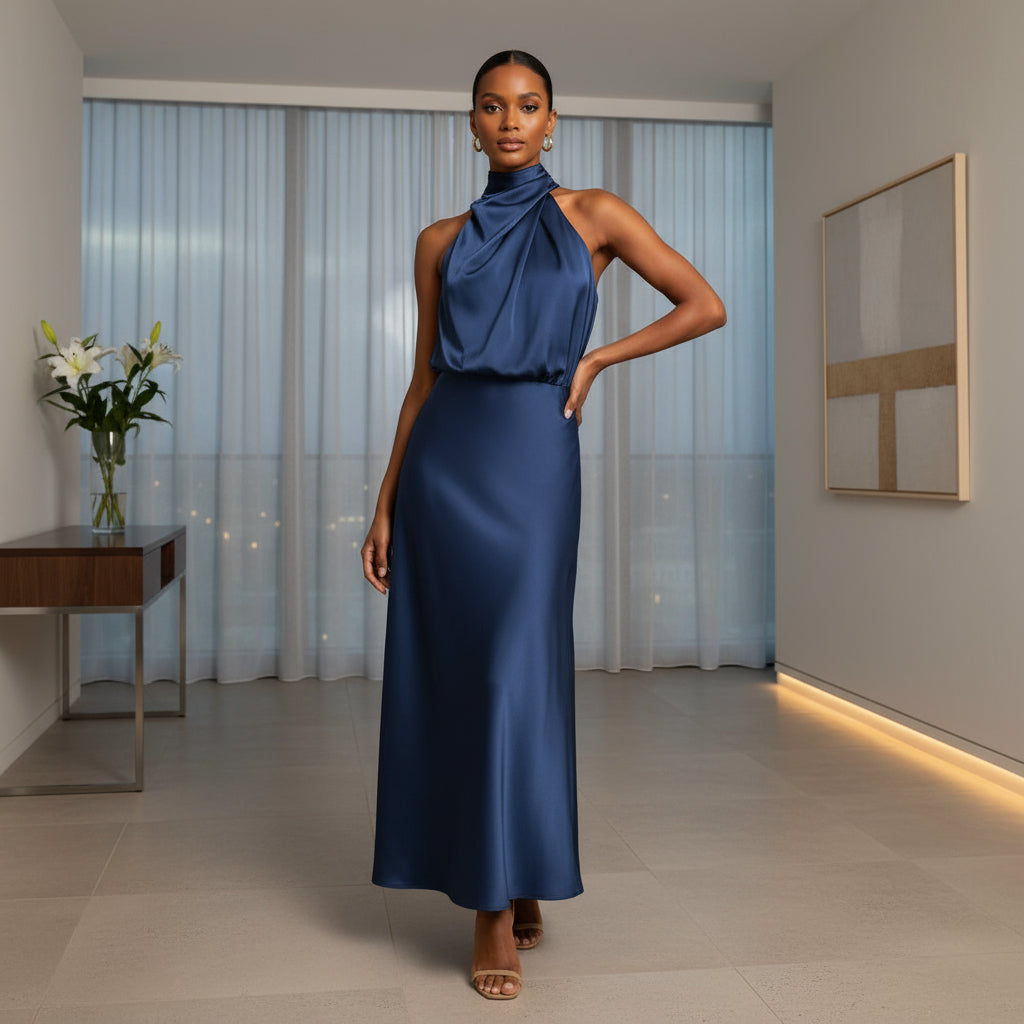 Women’s Maxi Dress | Elegant Halter Neck, Versatile Fit-Women's Dresses-Zeravi-Navy-S-Zeravi