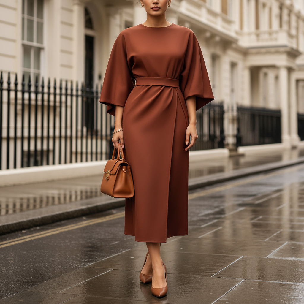 Women’s Dress | Elegant Midi Design with Waist Belt-Midi Dresses-Zeravi-Brick Red-S-Zeravi